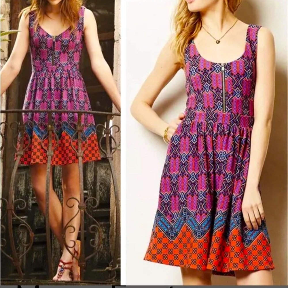Anthropologie Pink and Orange Patterned Dress